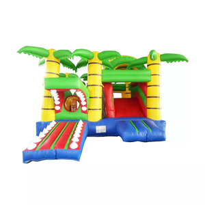 tropical jungle crocodile mouth inflatable bounce house with palm tree columns and slide